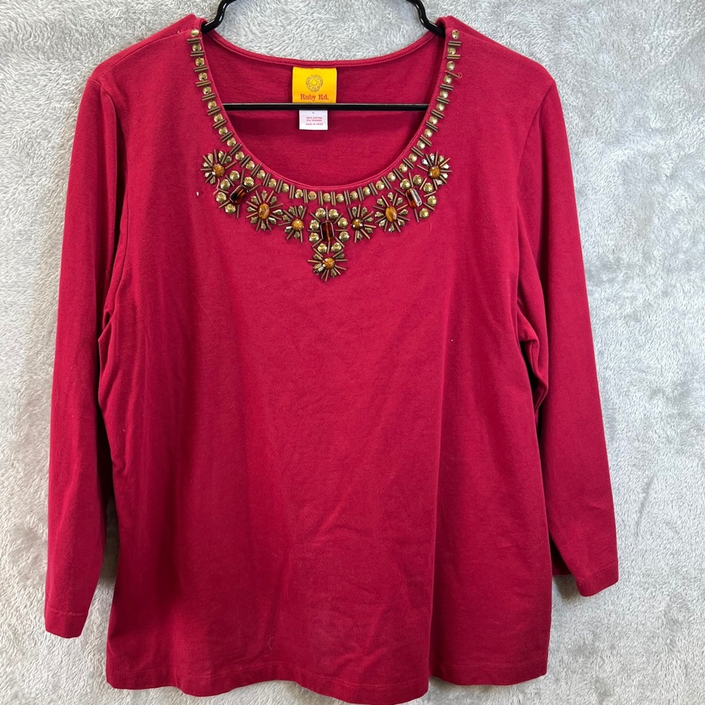 Ruby Rd Womens Red Beaded Embellished Boho Casual Chic Southweestern‎ Large